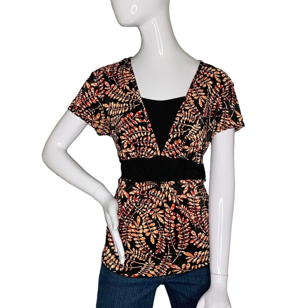 Christopher & Banks Women Top Short Sleeve Size M black and orange floral print